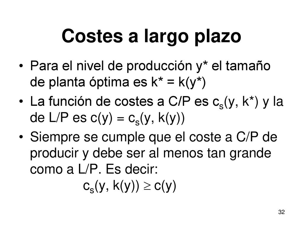 Costes a largo plazo Para el nivel de producción y* el tamaño de planta óptima es k* = k(y*)