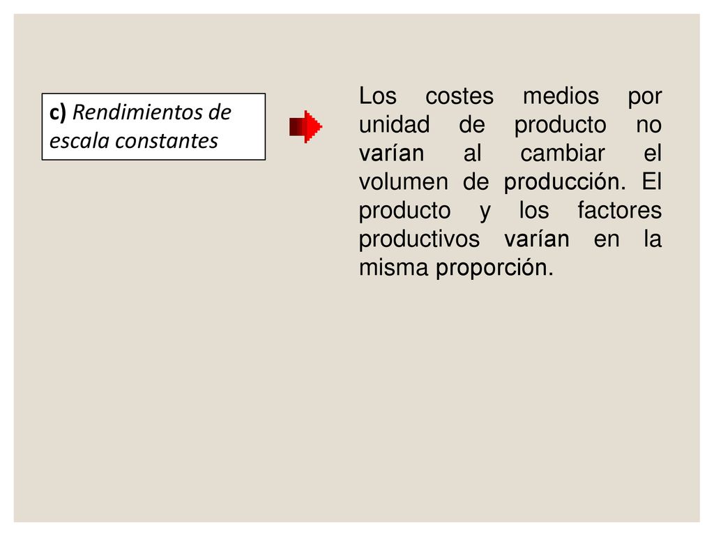 Los costes medios por unidad de producto no varían al cambiar el volumen de producción. El producto y los factores productivos varían en la misma proporción.