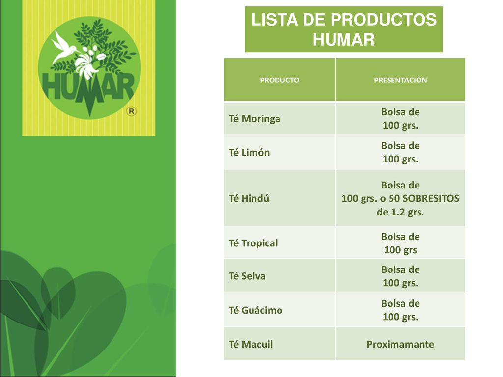 LISTA DE PRODUCTOS HUMAR