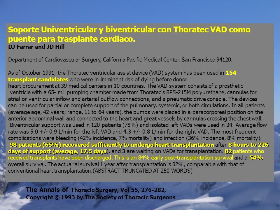 Soporte Univentricular y biventricular con Thoratec VAD como puente para trasplante cardiaco.