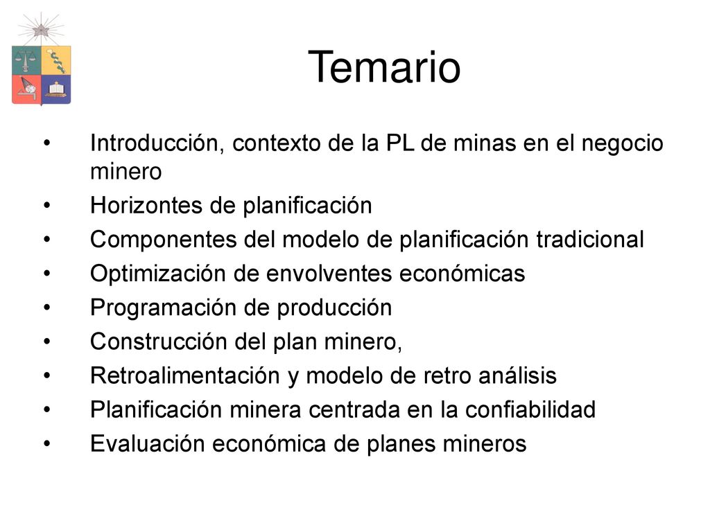 Temario Introducción, contexto de la PL de minas en el negocio minero