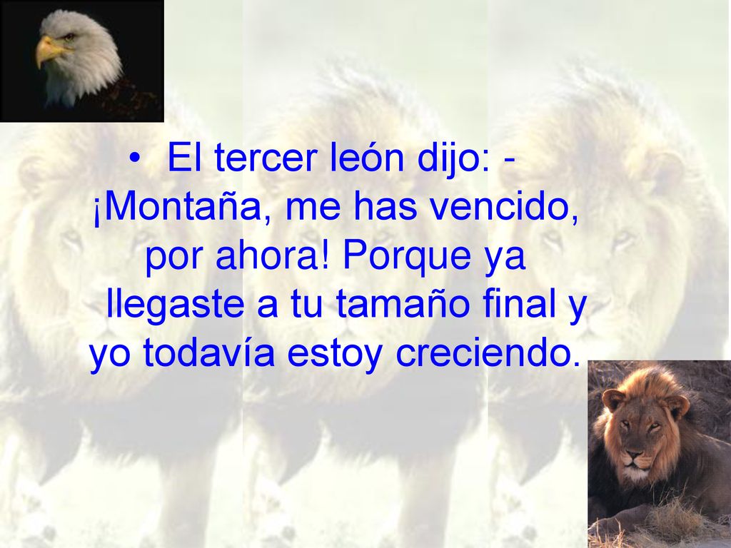El tercer león dijo: - ¡Montaña, me has vencido, por ahora