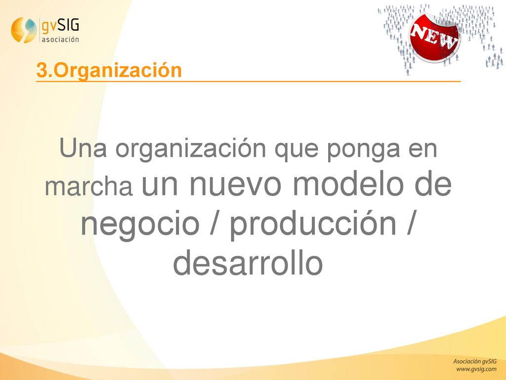 3.Organización Una organización que ponga en marcha un nuevo modelo de negocio / producción / desarrollo.