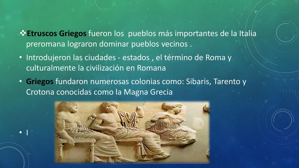 Etruscos Griegos fueron los pueblos más importantes de la Italia preromana lograron dominar pueblos vecinos .