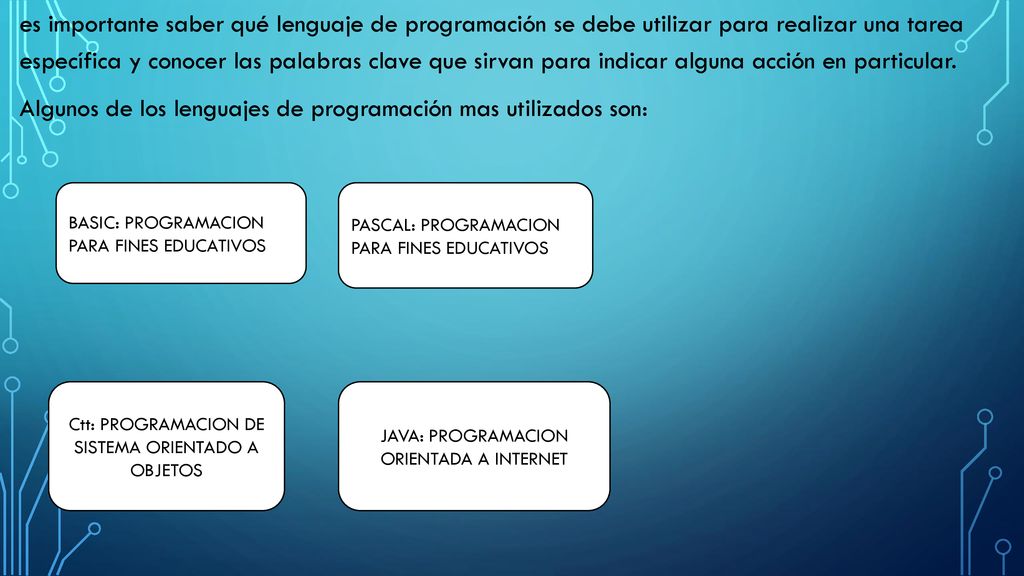 es importante saber qué lenguaje de programación se debe utilizar para realizar una tarea específica y conocer las palabras clave que sirvan para indicar alguna acción en particular. Algunos de los lenguajes de programación mas utilizados son: