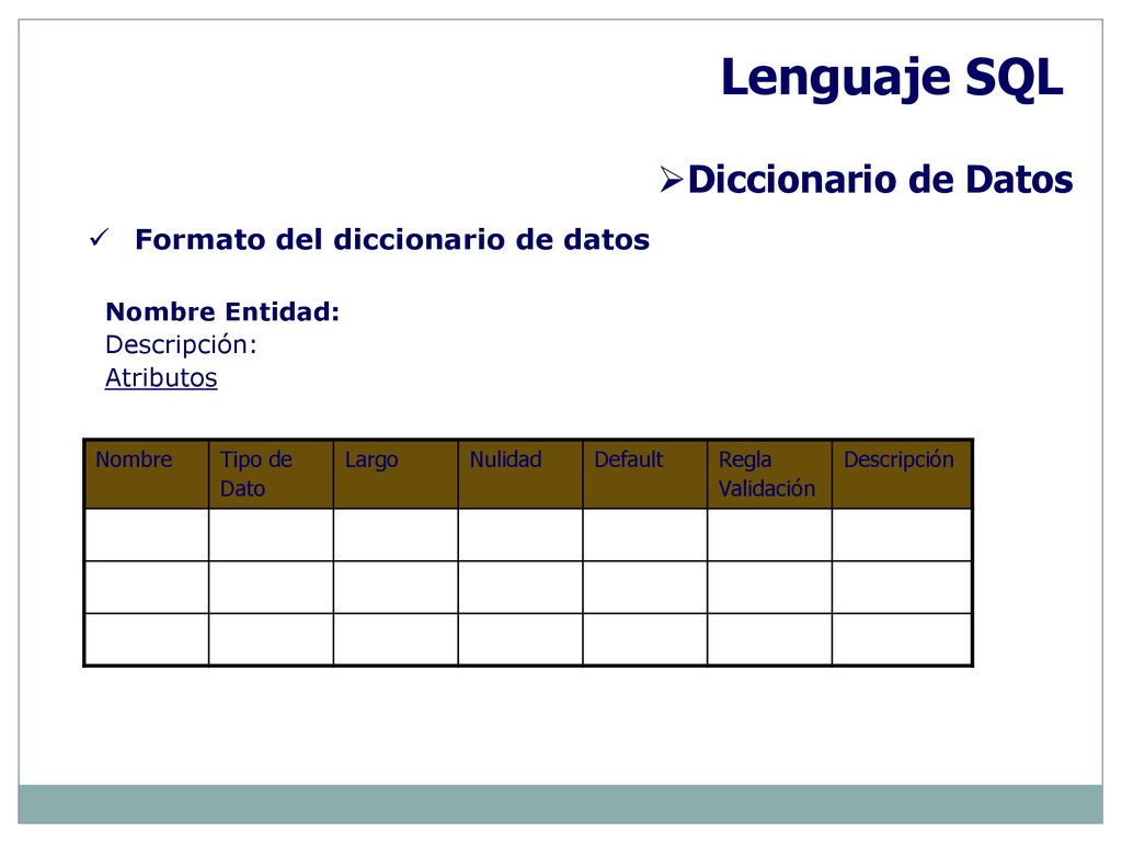 Lenguaje SQL Diccionario de Datos Formato del diccionario de datos