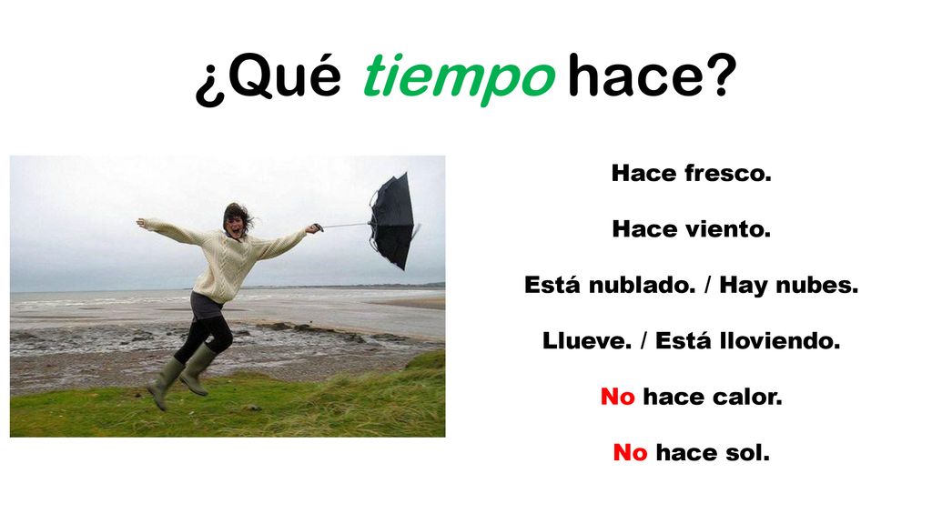 ¿Qué tiempo hace Hace fresco. Hace viento. Está nublado. / Hay nubes.