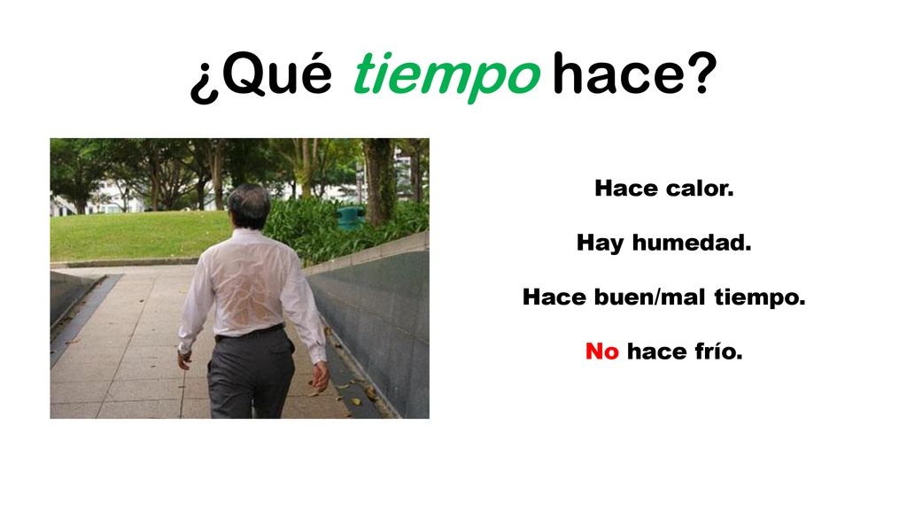 ¿Qué tiempo hace Hace calor. Hay humedad. Hace buen/mal tiempo.