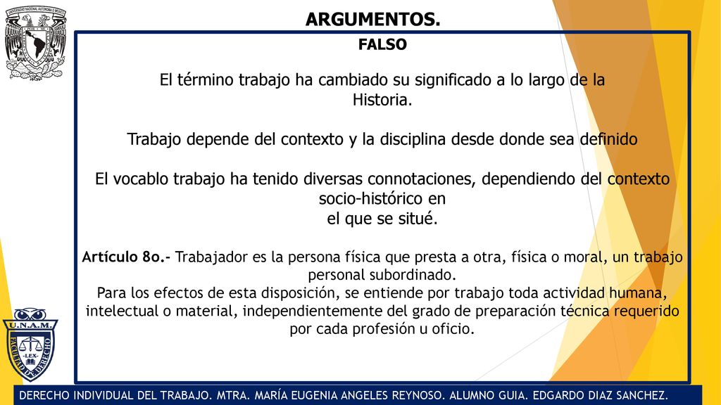 ARGUMENTOS. FALSO. El término trabajo ha cambiado su significado a lo largo de la. Historia.