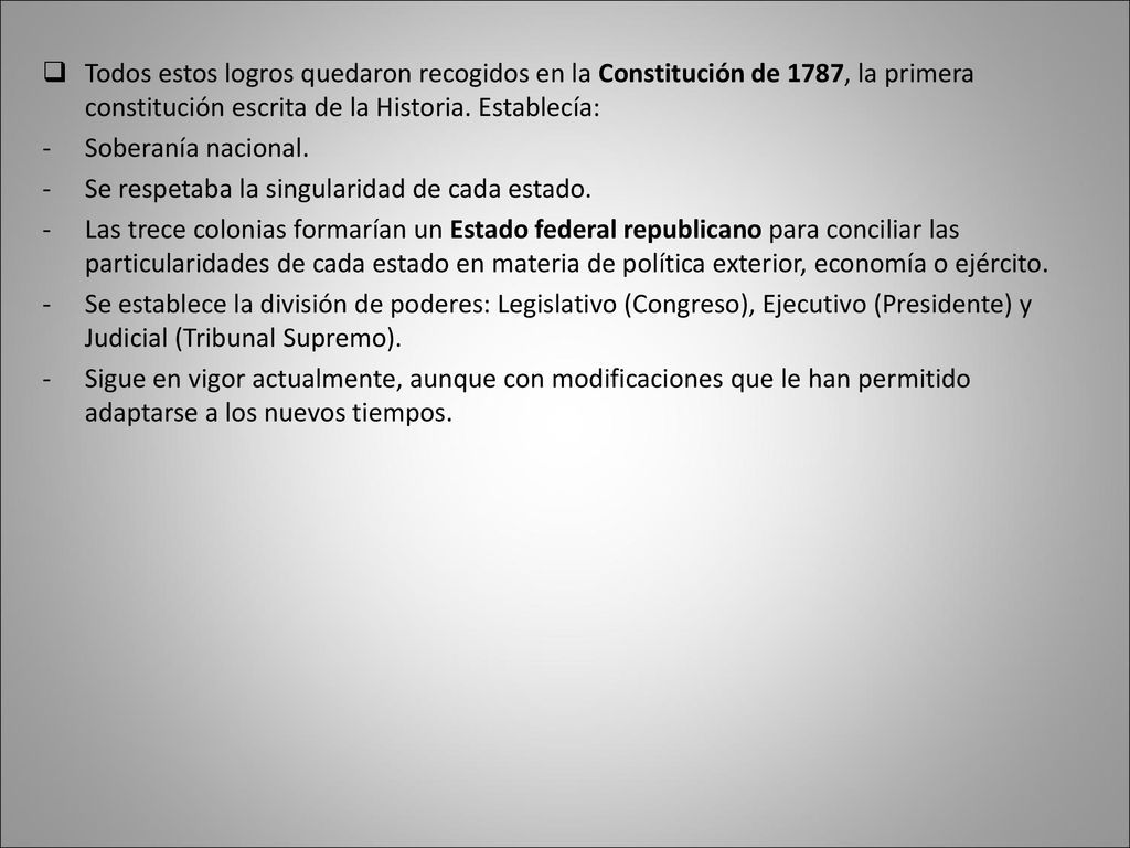 Todos estos logros quedaron recogidos en la Constitución de 1787, la primera constitución escrita de la Historia. Establecía:
