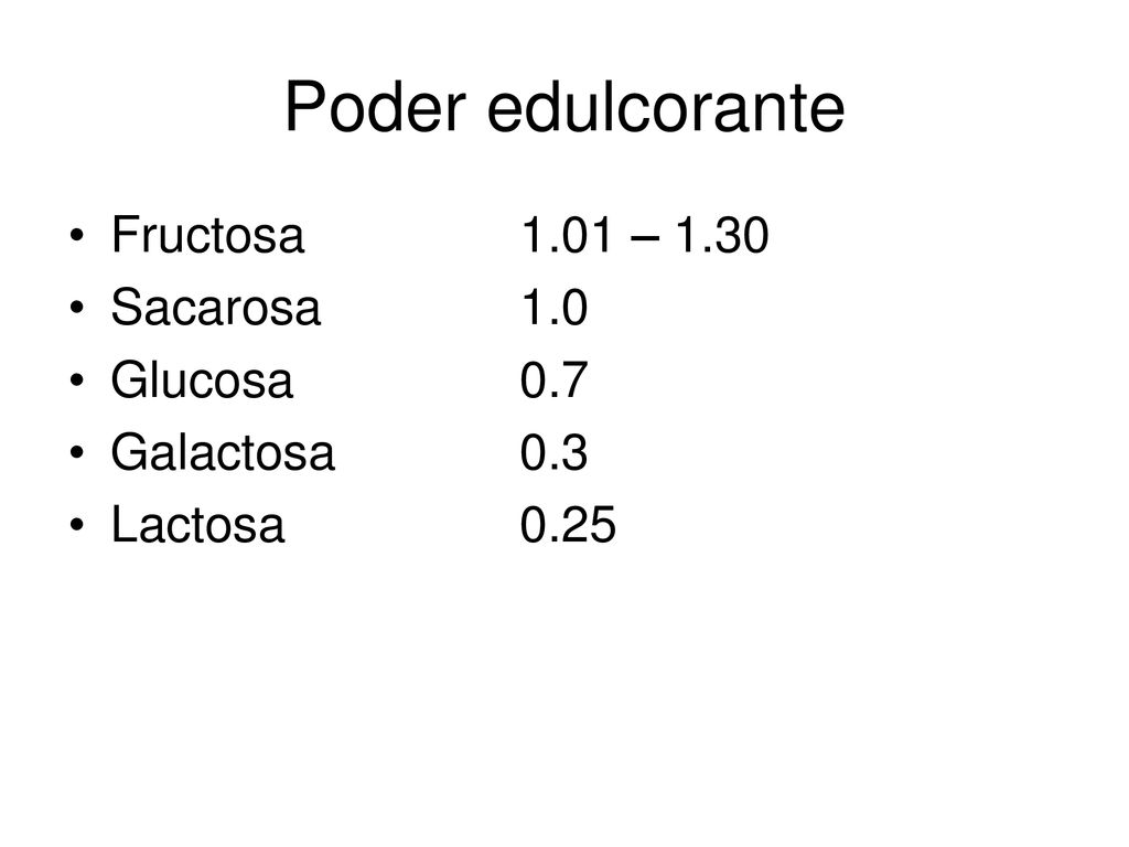 Poder edulcorante Fructosa 1.01 – 1.30 Sacarosa 1.0 Glucosa 0.7