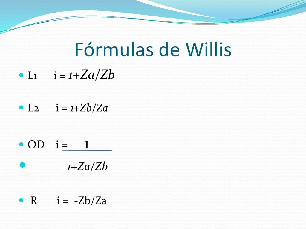 Fórmulas de Willis 1+Za/Zb L1 i = 1+Za/Zb L2 i = 1+Zb/Za OD i = 1