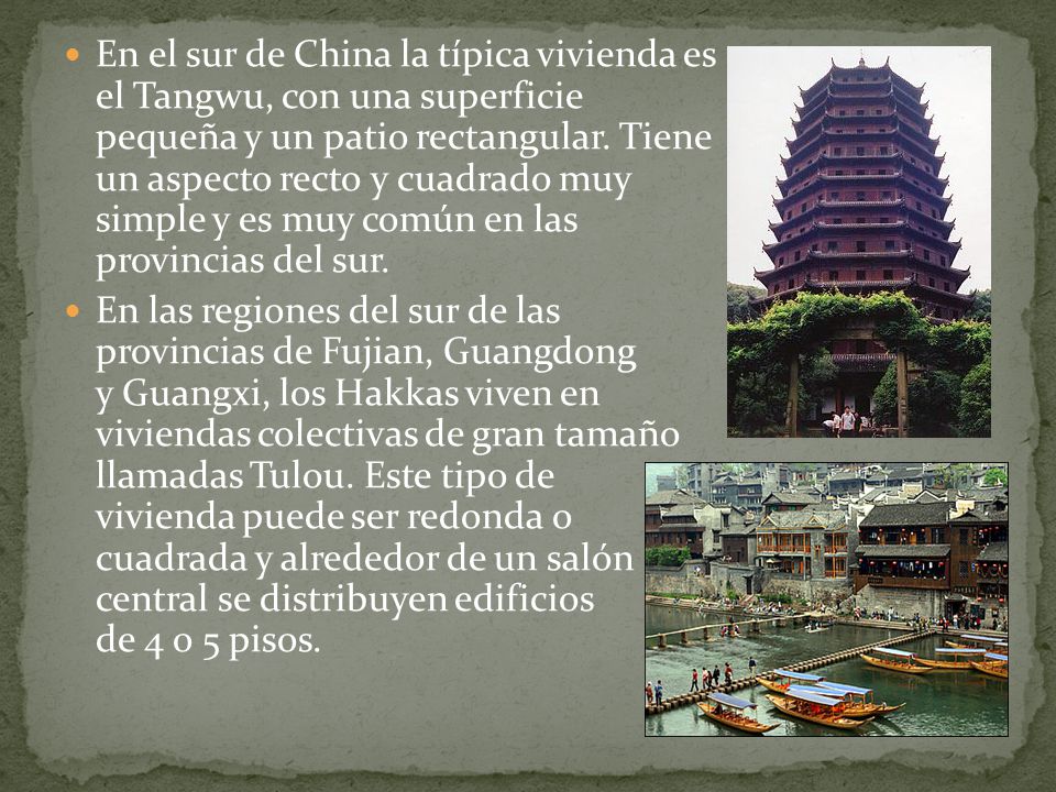 En el sur de China la típica vivienda es el Tangwu, con una superficie pequeña y un patio rectangular. Tiene un aspecto recto y cuadrado muy simple y es muy común en las provincias del sur.