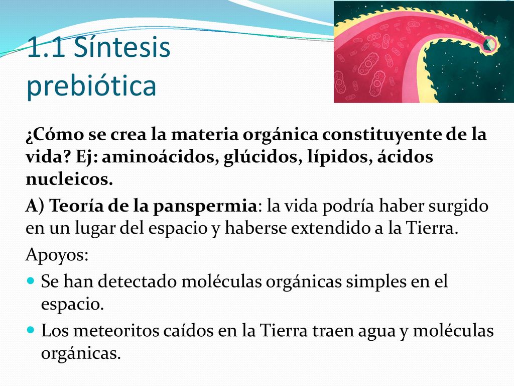 1.1 Síntesis prebiótica ¿Cómo se crea la materia orgánica constituyente de la vida Ej: aminoácidos, glúcidos, lípidos, ácidos nucleicos.
