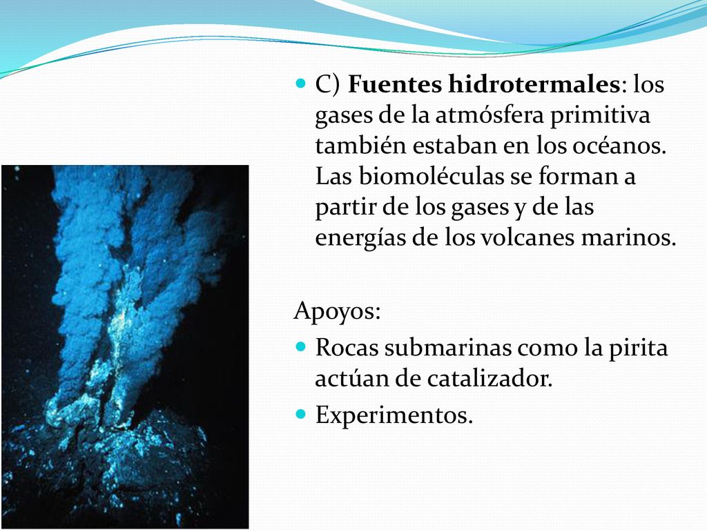 C) Fuentes hidrotermales: los gases de la atmósfera primitiva también estaban en los océanos. Las biomoléculas se forman a partir de los gases y de las energías de los volcanes marinos.