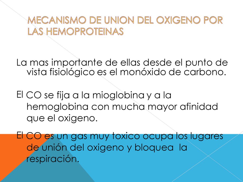 El La mas importante de ellas desde el punto de. vista fisiológico es el monóxido de carbono. CO se fija a la mioglobina y a la.