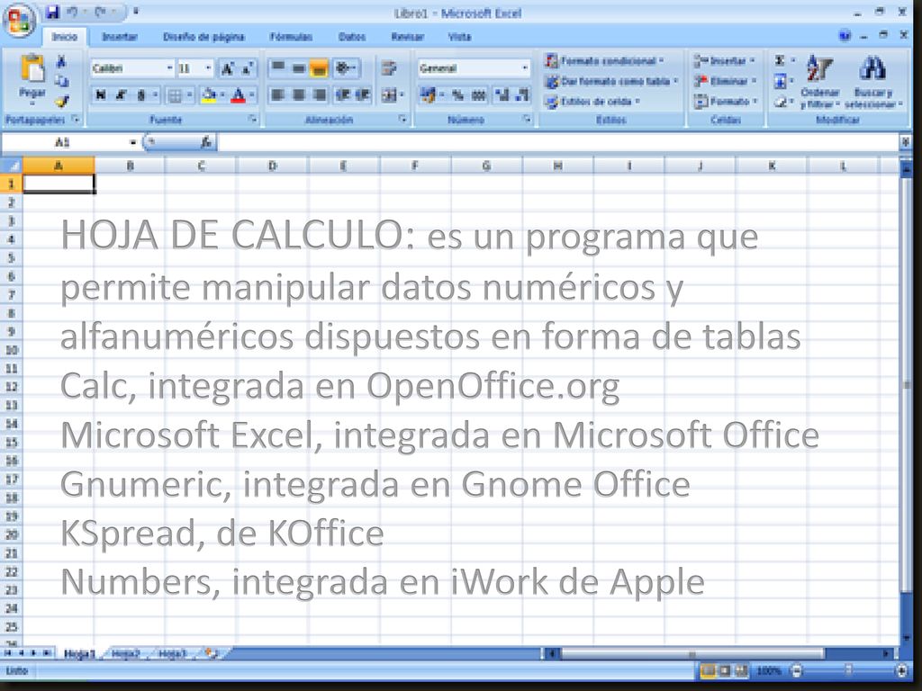 HOJA DE CALCULO: es un programa que permite manipular datos numéricos y alfanuméricos dispuestos en forma de tablas