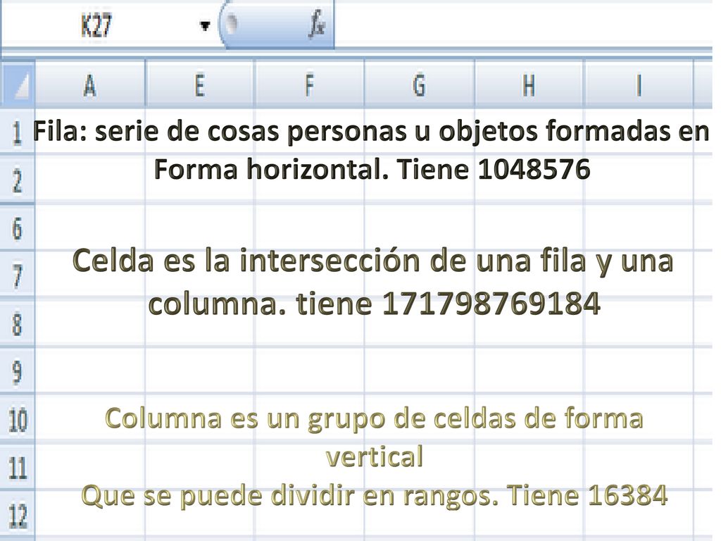 Celda es la intersección de una fila y una columna. tiene