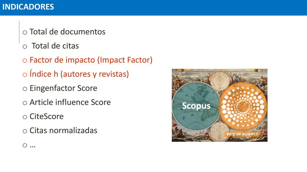 INDICADORES Total de documentos. Total de citas. Factor de impacto (Impact Factor) Índice h (autores y revistas)