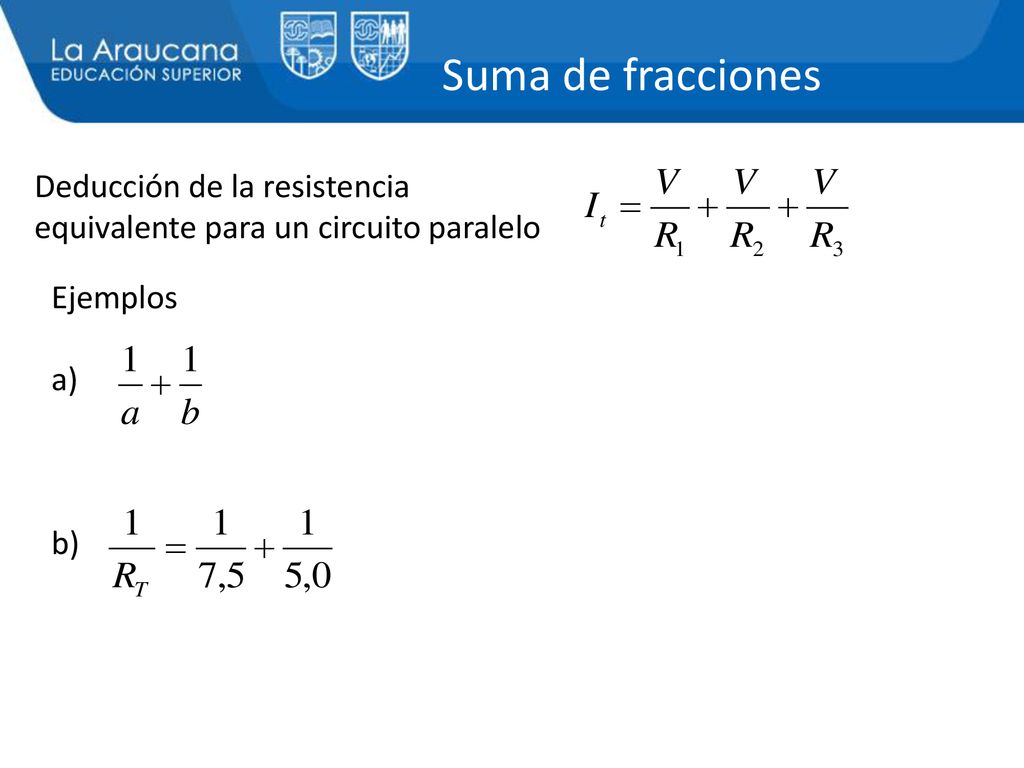 Suma de fracciones Deducción de la resistencia equivalente para un circuito paralelo Ejemplos a) b)