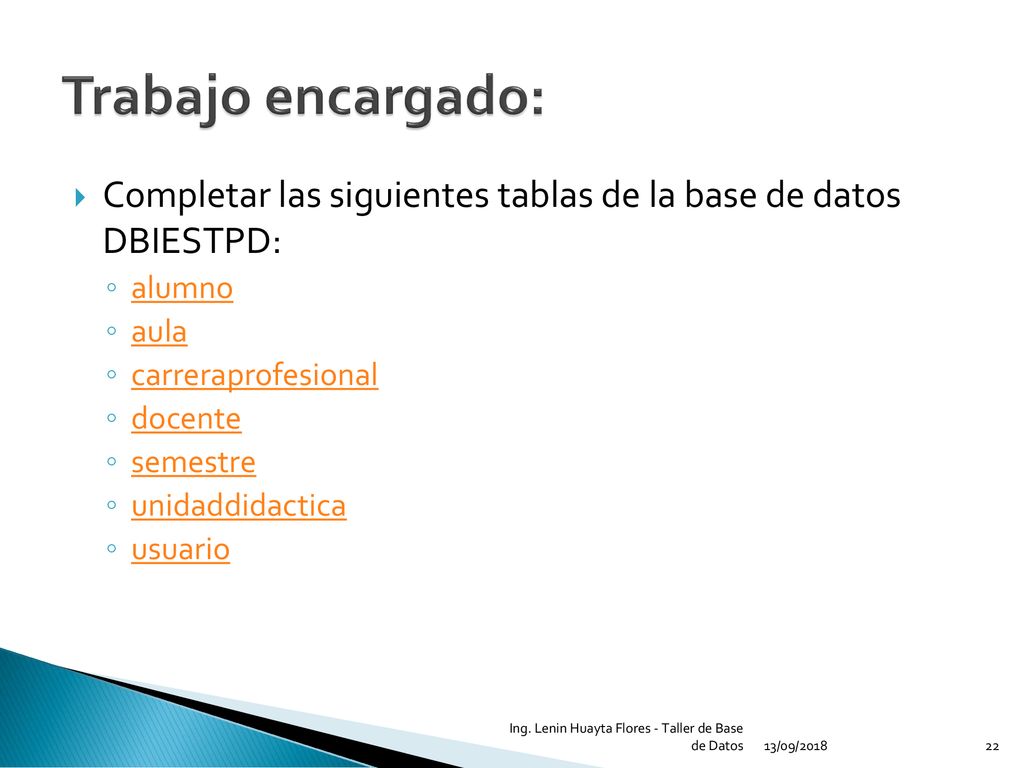 Trabajo encargado: Completar las siguientes tablas de la base de datos DBIESTPD: alumno. aula. carreraprofesional.