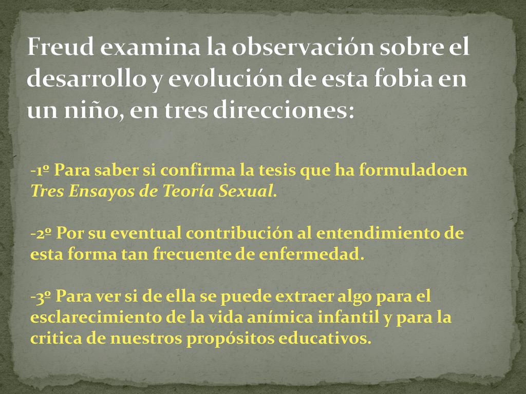 Freud examina la observación sobre el desarrollo y evolución de esta fobia en un niño, en tres direcciones: