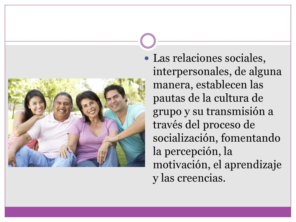Las relaciones sociales, interpersonales, de alguna manera, establecen las pautas de la cultura de grupo y su transmisión a través del proceso de socialización, fomentando la percepción, la motivación, el aprendizaje y las creencias.