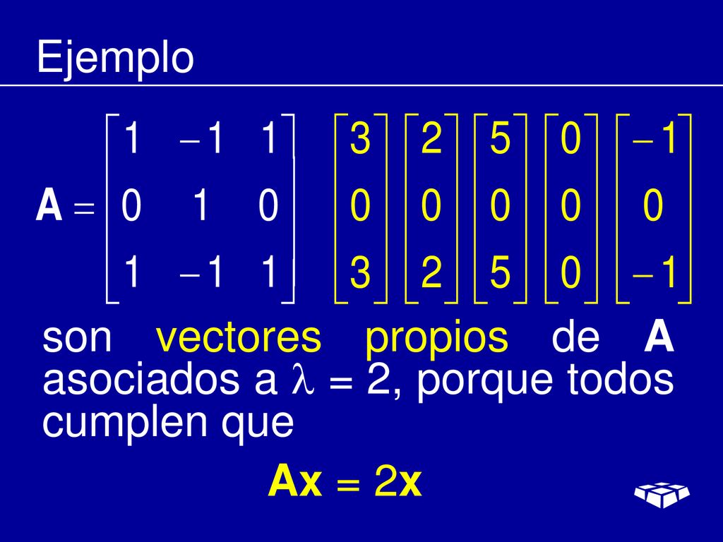 Ejemplo son vectores propios de A asociados a  = 2, porque todos cumplen que Ax = 2x