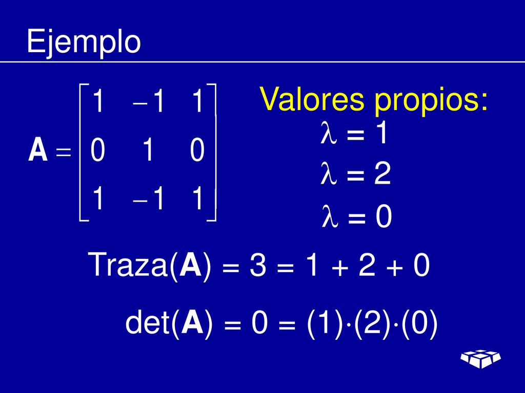 Ejemplo Valores propios:  = 1  = 2  = 0 Traza(A) = 3 = det(A) = 0 = (1)(2)(0)