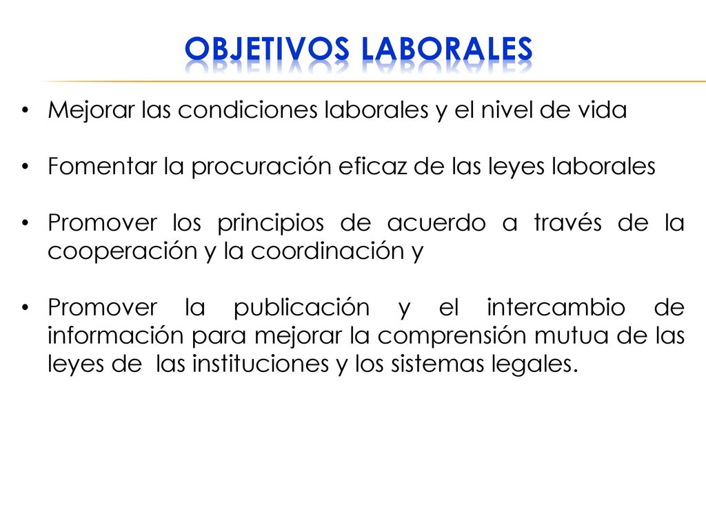 Objetivos laborales Mejorar las condiciones laborales y el nivel de vida. Fomentar la procuración eficaz de las leyes laborales.
