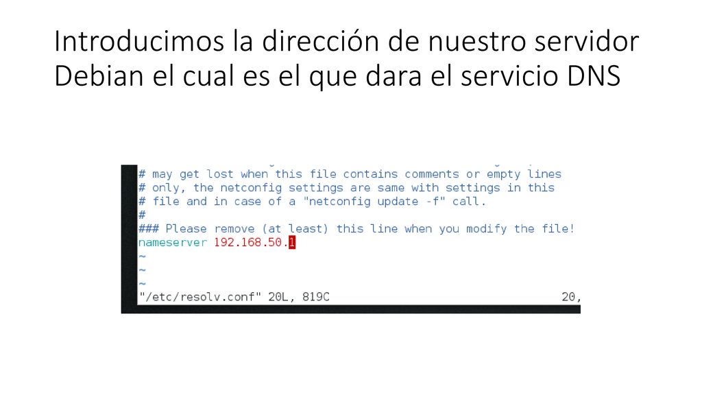 Introducimos la dirección de nuestro servidor Debian el cual es el que dara el servicio DNS