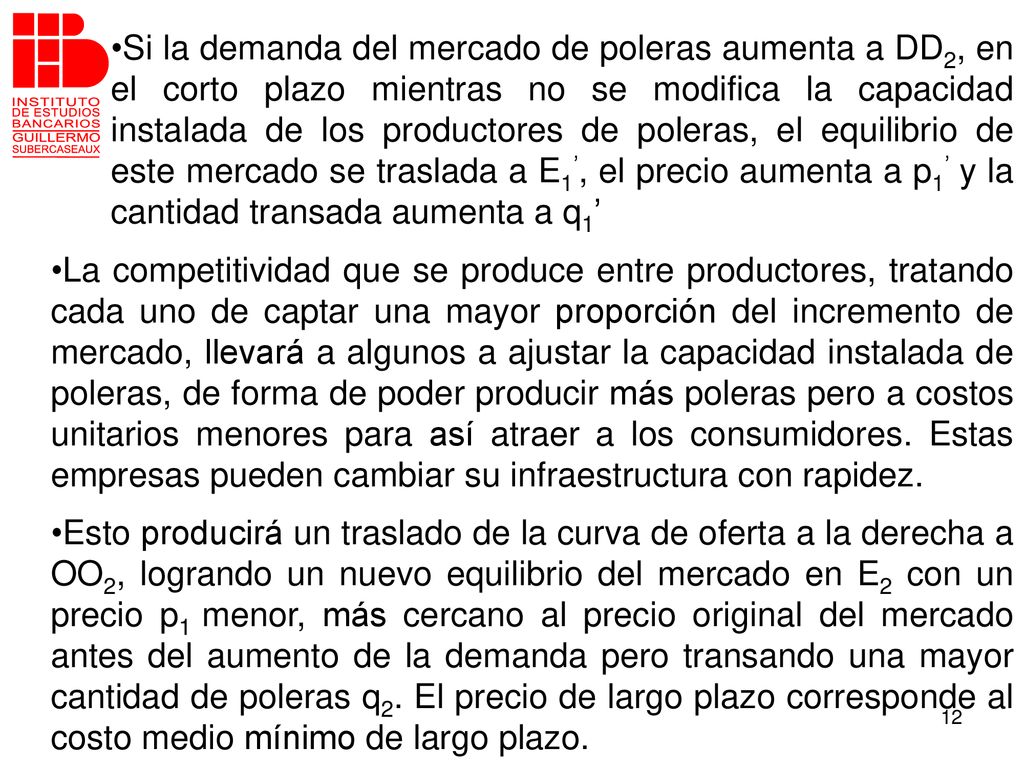 Si la demanda del mercado de poleras aumenta a DD2, en el corto plazo mientras no se modifica la capacidad instalada de los productores de poleras, el equilibrio de este mercado se traslada a E1’, el precio aumenta a p1’ y la cantidad transada aumenta a q1’