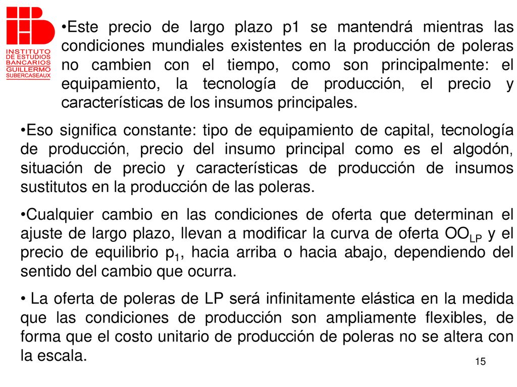 Este precio de largo plazo p1 se mantendrá mientras las condiciones mundiales existentes en la producción de poleras no cambien con el tiempo, como son principalmente: el equipamiento, la tecnología de producción, el precio y características de los insumos principales.