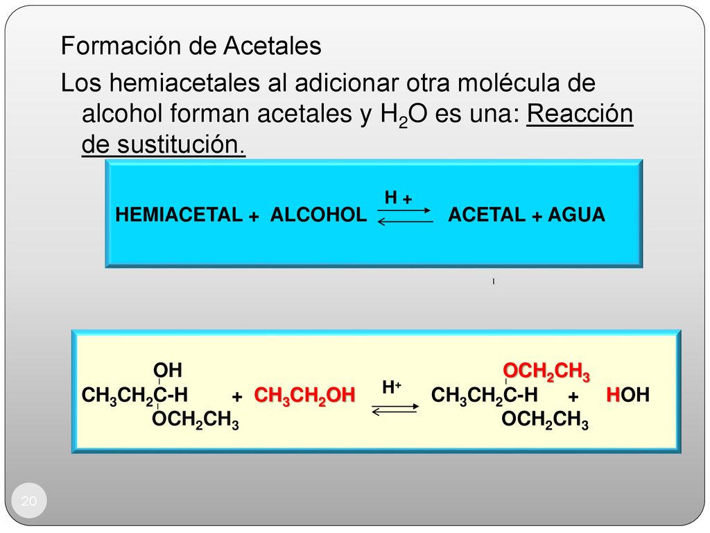 Formación de Acetales Los hemiacetales al adicionar otra molécula de alcohol forman acetales y H2O es una: Reacción de sustitución.