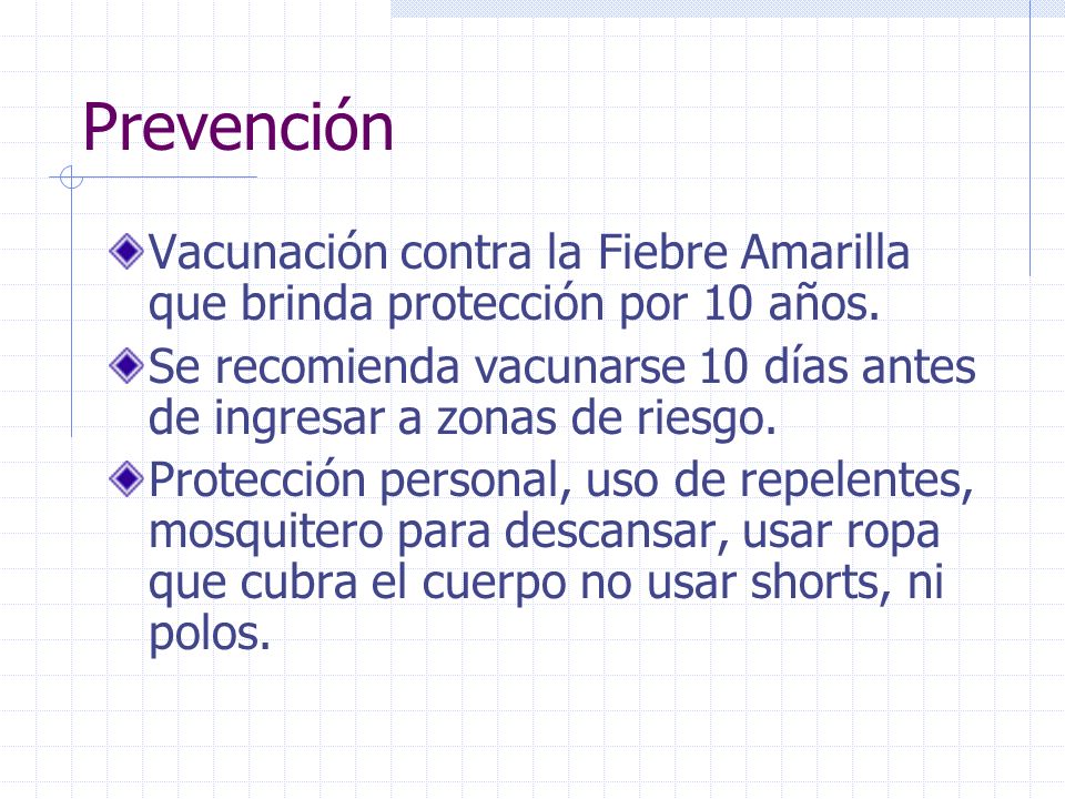 Prevención Vacunación contra la Fiebre Amarilla que brinda protección por 10 años.