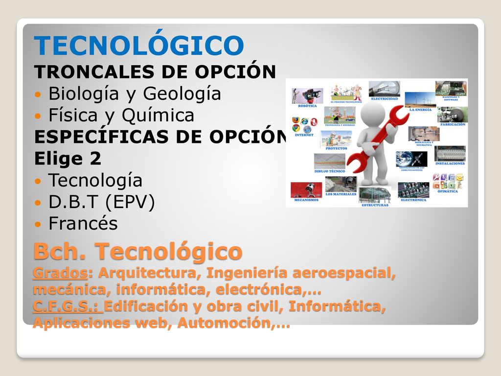 TECNOLÓGICO TRONCALES DE OPCIÓN. Biología y Geología. Física y Química. ESPECÍFICAS DE OPCIÓN. Elige 2.