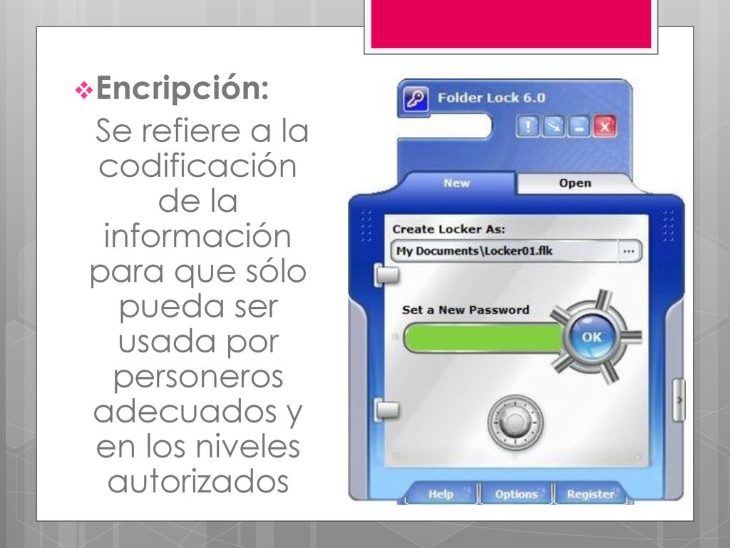 Encripción: Se refiere a la codificación de la información para que sólo pueda ser usada por personeros adecuados y en los niveles autorizados.