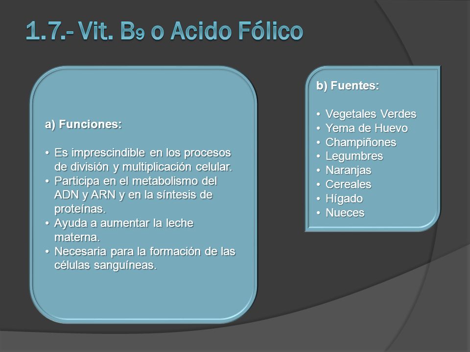 1.7.- Vit. B9 o Acido Fólico b) Fuentes: Vegetales Verdes