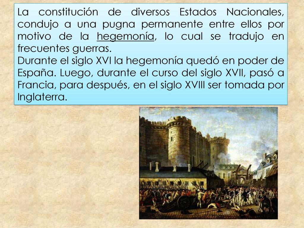 La constitución de diversos Estados Nacionales, condujo a una pugna permanente entre ellos por motivo de la hegemonía, lo cual se tradujo en frecuentes guerras.