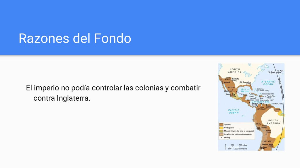 Razones del Fondo El imperio no podía controlar las colonias y combatir contra Inglaterra.