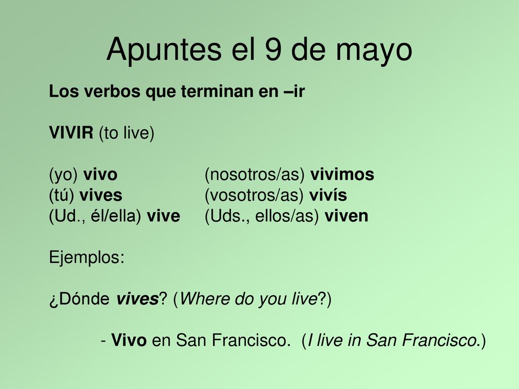 Apuntes el 9 de mayo Los verbos que terminan en –ir VIVIR (to live)