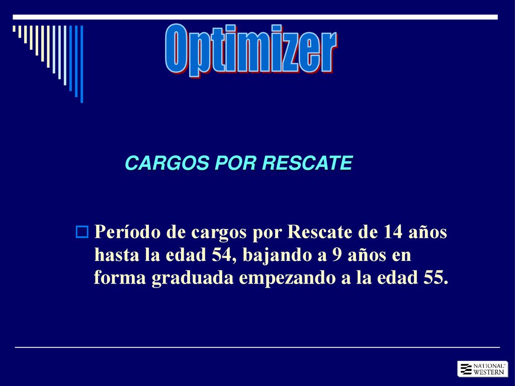 Optimizer CARGOS POR RESCATE. Período de cargos por Rescate de 14 años hasta la edad 54, bajando a 9 años en forma graduada empezando a la edad 55.