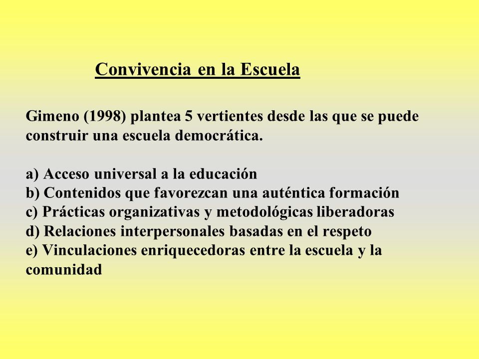 Convivencia en la Escuela Gimeno (1998) plantea 5 vertientes desde las que se puede construir una escuela democrática.