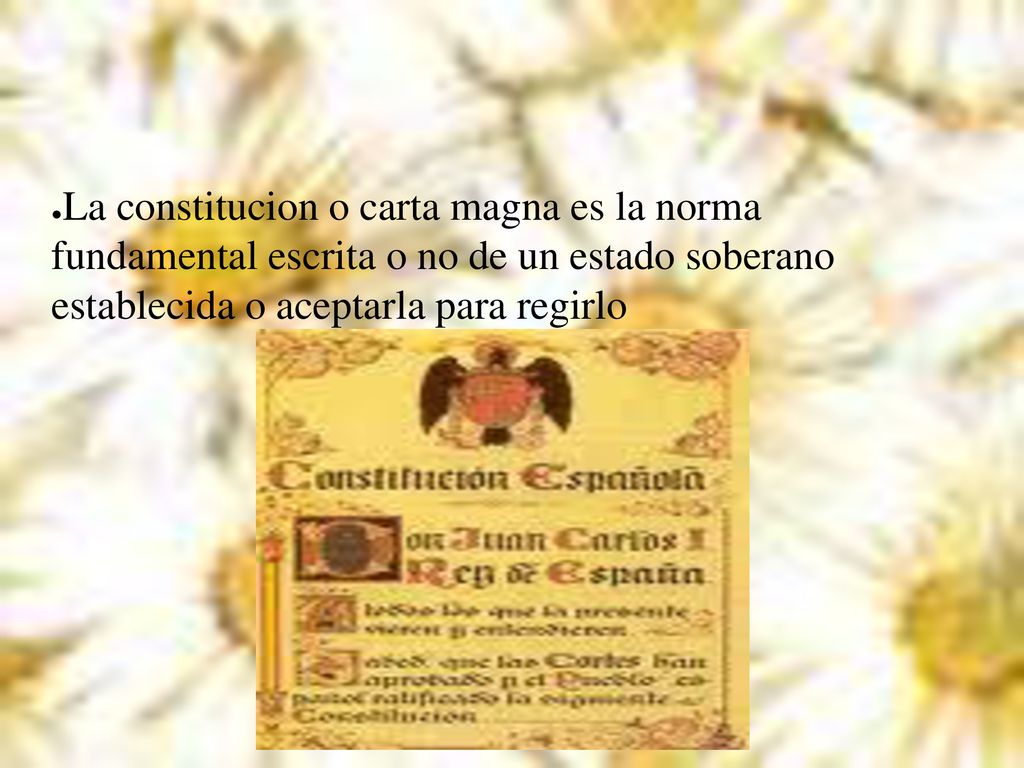 La constitucion o carta magna es la norma fundamental escrita o no de un estado soberano establecida o aceptarla para regirlo