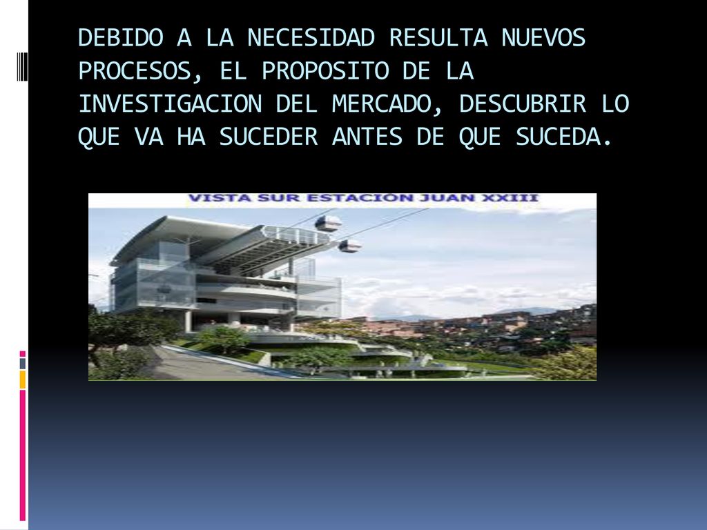 DEBIDO A LA NECESIDAD RESULTA NUEVOS PROCESOS, EL PROPOSITO DE LA INVESTIGACION DEL MERCADO, DESCUBRIR LO QUE VA HA SUCEDER ANTES DE QUE SUCEDA.