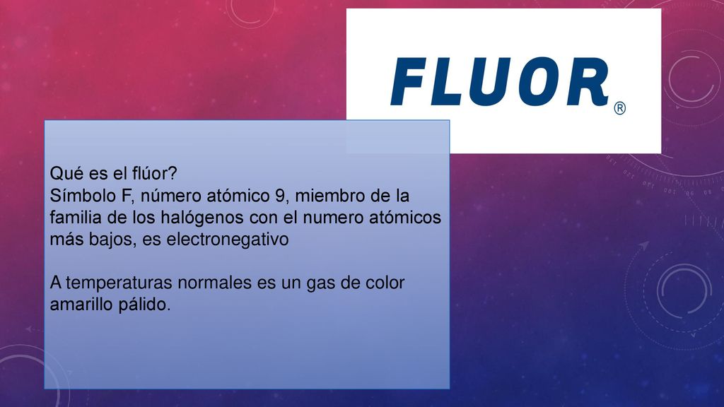 Qué es el flúor Símbolo F, número atómico 9, miembro de la familia de los halógenos con el numero atómicos más bajos, es electronegativo.