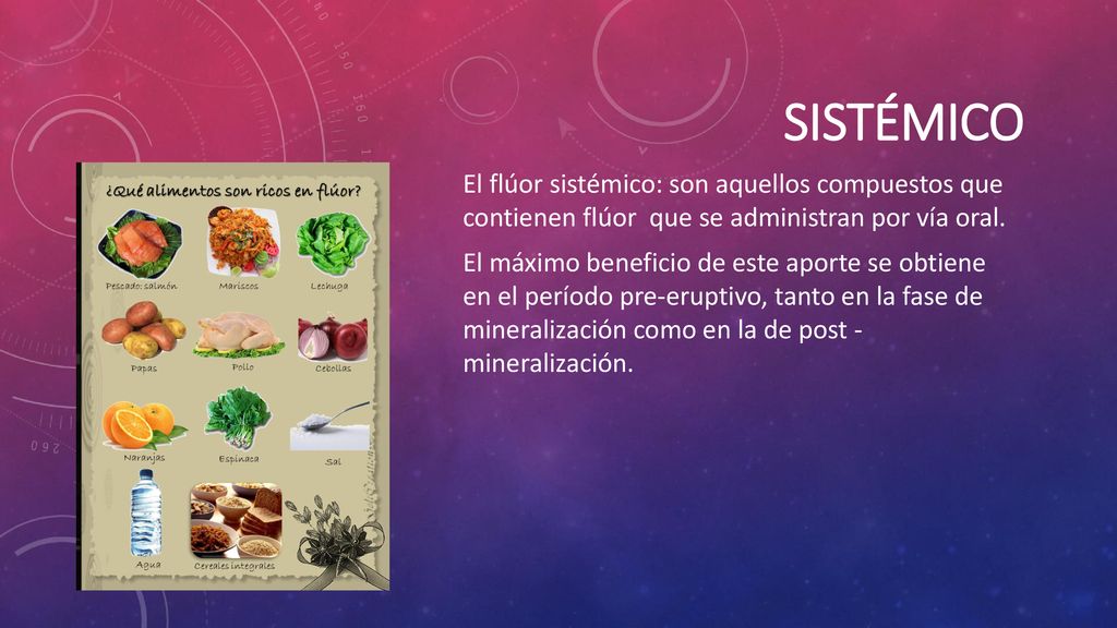 Sistémico El flúor sistémico: son aquellos compuestos que contienen flúor que se administran por vía oral.