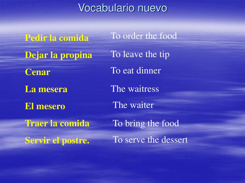 Vocabulario nuevo To order the food Pedir la comida Dejar la propina