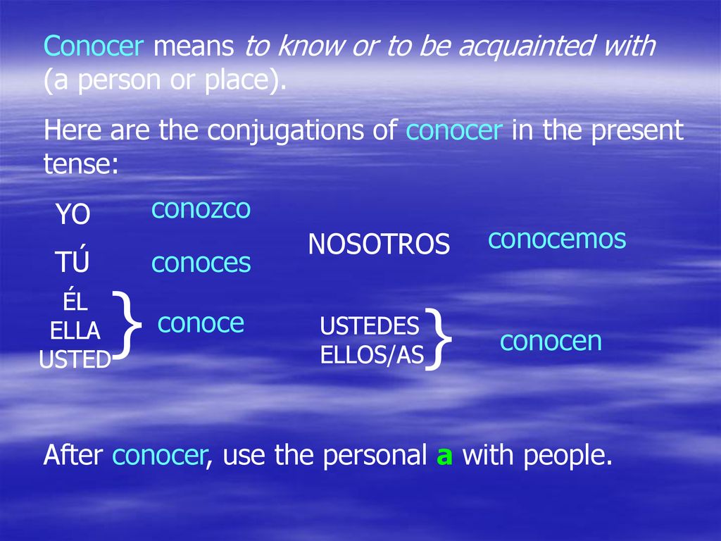Conocer means to know or to be acquainted with (a person or place).