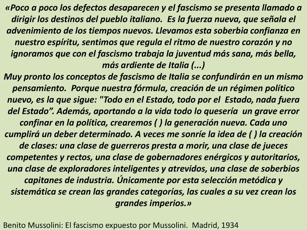 «Poco a poco los defectos desaparecen y el fascismo se presenta llamado a dirigir los destinos del pueblo italiano. Es la fuerza nueva, que señala el advenimiento de los tiempos nuevos. Llevamos esta soberbia confianza en nuestro espíritu, sentimos que regula el ritmo de nuestro corazón y no ignoramos que con el fascismo trabaja la juventud más sana, más bella, más ardiente de Italia (...)